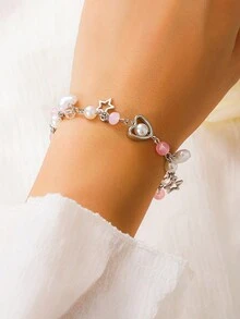 1 件甜美酷炫 Y2k 風格透明金屬串珠手鍊,帶有星星和心形吊飾,適合女性日常佩戴 - 彩色 - 查看 2