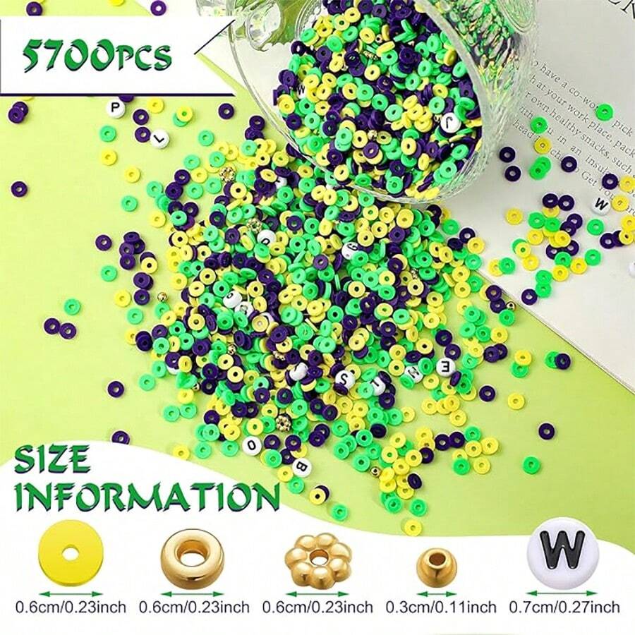 1box Mardi Gras Clay Beads Kit For Jewelry Making, Gold Purple Green