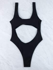 1pc Women's Summer Beach Vacation Ribbed Black Hollow Out One-Piece Swimsuit - Black - View 6