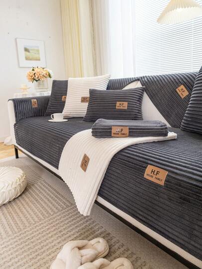 1pc Striped/Solid Color Sofa Cover, Cushion Cover, Armrest Cover, Backrest Cover, Plush Sofa Seat Cover, Anti-Slip, Universal For Four Seasons