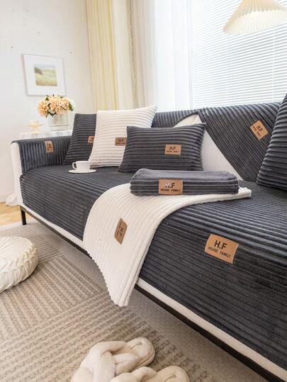 1pc Striped/Solid Color Sofa Cover, Cushion Cover, Armrest Cover, Backrest Cover, Plush Sofa Seat Cover, Anti-Slip, Universal For Four Seasons