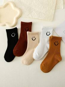5pairs Girls' Face Over-The-Calf Solid Color Socks - Multicolor - View 1