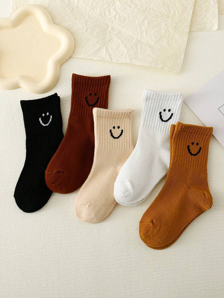 5pairs Girls' Face Over-The-Calf Solid Color Socks - Multicolor - View 1
