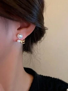 1pair Copper Alloy Simple Freshwater Pearl And Metallic Bead Stud Earrings For Women - Gold - View 3