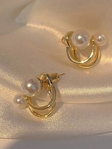 1pair Copper Alloy Simple Freshwater Pearl And Metallic Bead Stud Earrings For Women - Gold - View 2