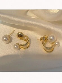1pair Copper Alloy Simple Freshwater Pearl And Metallic Bead Stud Earrings For Women - Gold - View 4
