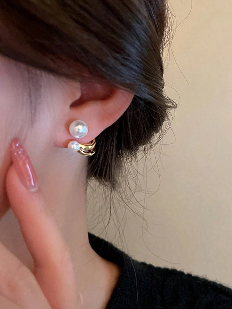 1pair Copper Alloy Simple Freshwater Pearl And Metallic Bead Stud Earrings For Women - Gold - View 1