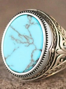 Vintage Ring Inlaid Turquoise In Egg Shape Retro Design On The Setting Match Daily Outfits Party Accessory  Luxury Jewelry - Silver - View 3