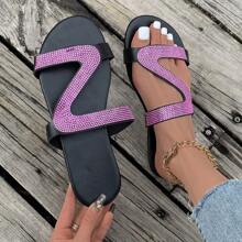 Women's Flat Slippers With Rhinestones, Pink Rhinestone Sandals For Summer Casual Wear, European And American Style, Open Toe Slippers For Outdoors, Beach, And Leisure Wear, Slip-On Toe Ring Sandals - Pink - View 2