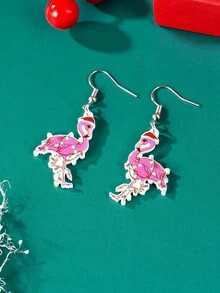 一對可愛卡通聖誕動物貓小狗火烈鳥牛吊墜耳環聖誕新年聚會聚會親友約會節日禮物耳環耳環 - 火烈鳥 - 查看 6