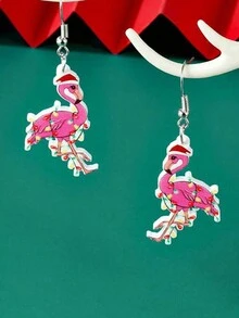 一對可愛卡通聖誕動物貓小狗火烈鳥牛吊墜耳環聖誕新年聚會聚會親友約會節日禮物耳環耳環 - 火烈鳥 - 查看 1