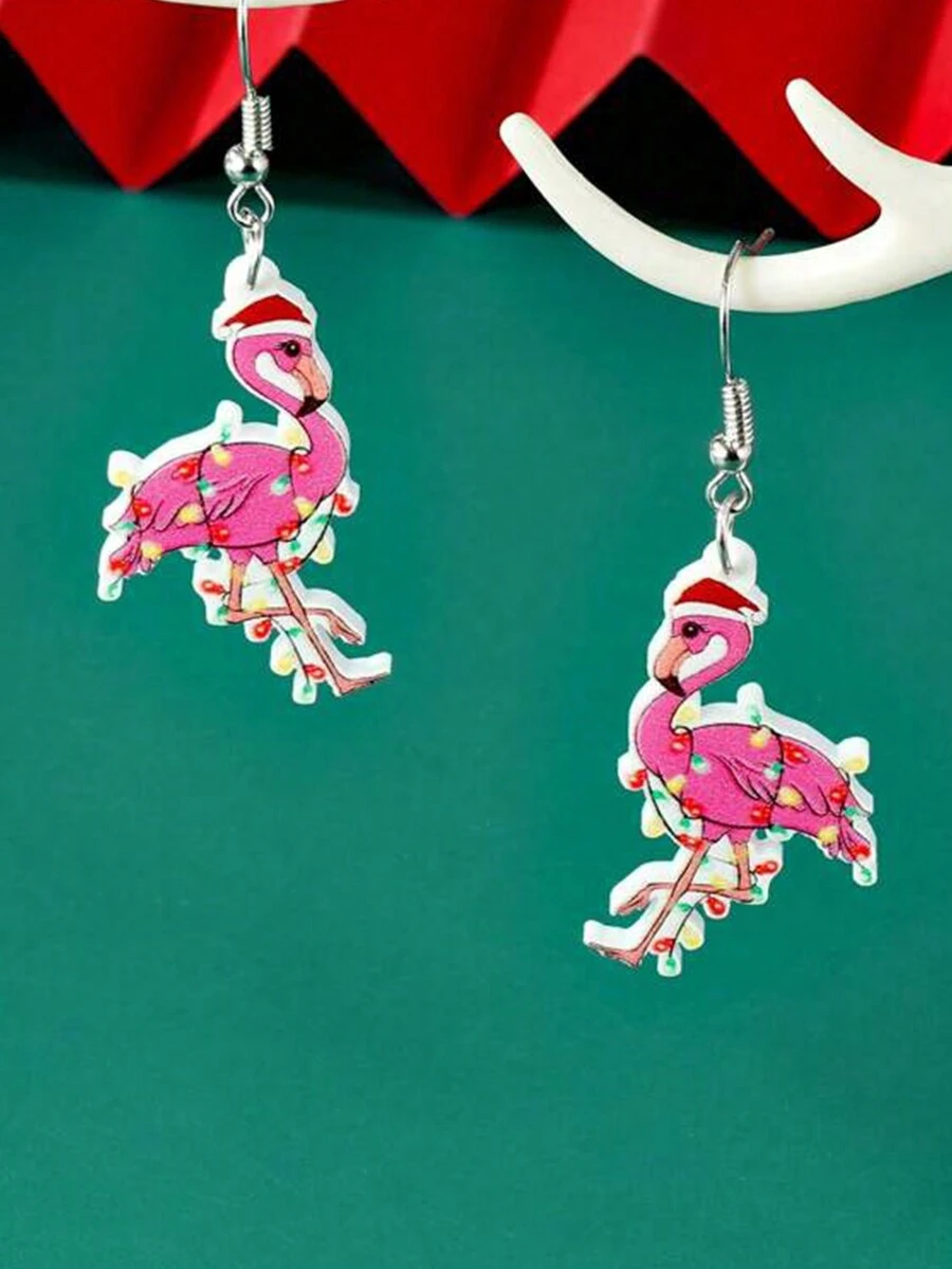 一對可愛卡通聖誕動物貓小狗火烈鳥牛吊墜耳環聖誕新年聚會聚會親友約會節日禮物耳環耳環 - 火烈鳥 - 查看 1