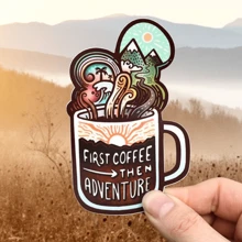 貼紙藝術首先咖啡然後冒險模切貼紙 4" - 杏色 - 查看 1