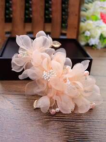 1pc Women'S Fairy Style Handmade Ribbon Flower Hair Accessory, Wedding Bridal Headpiece With Beads, Rhinestones And Pearls - Orange - View 3