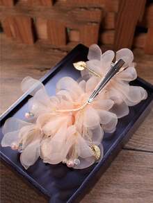 1pc Women'S Fairy Style Handmade Ribbon Flower Hair Accessory, Wedding Bridal Headpiece With Beads, Rhinestones And Pearls - Orange - View 5