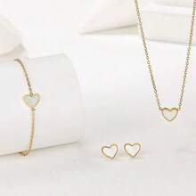 3入組/套心形法式貝殼設計精美女士珠寶套裝,包括項鍊、手鍊和耳環 - 金色 - 查看 5