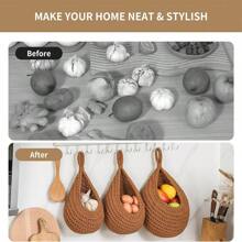 3pcs Handmade Woven Water Drop Shaped Mesh Kitchen Wall Hanging Vegetable & Fruit Basket, Bird Nest Storage Bag - Caramel Colour - View 8