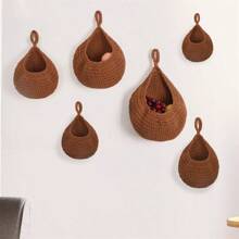 3pcs Handmade Woven Water Drop Shaped Mesh Kitchen Wall Hanging Vegetable & Fruit Basket, Bird Nest Storage Bag - Caramel Colour - View 5