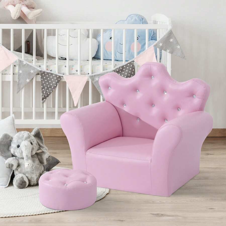 HOMCOM Sofá para Niños con Reposapiés Sillón Infantil Decorativo con Respaldo Alto en Forma de Corona y Reposabrazos Acolchado 58x40,5x49 cm Rosa - Rosa - Ver 1