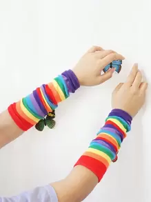 一雙彩虹色防曬臂套個性時尚針織無指手套休閒長袖適用於男女 - 彩虹 - 查看 1