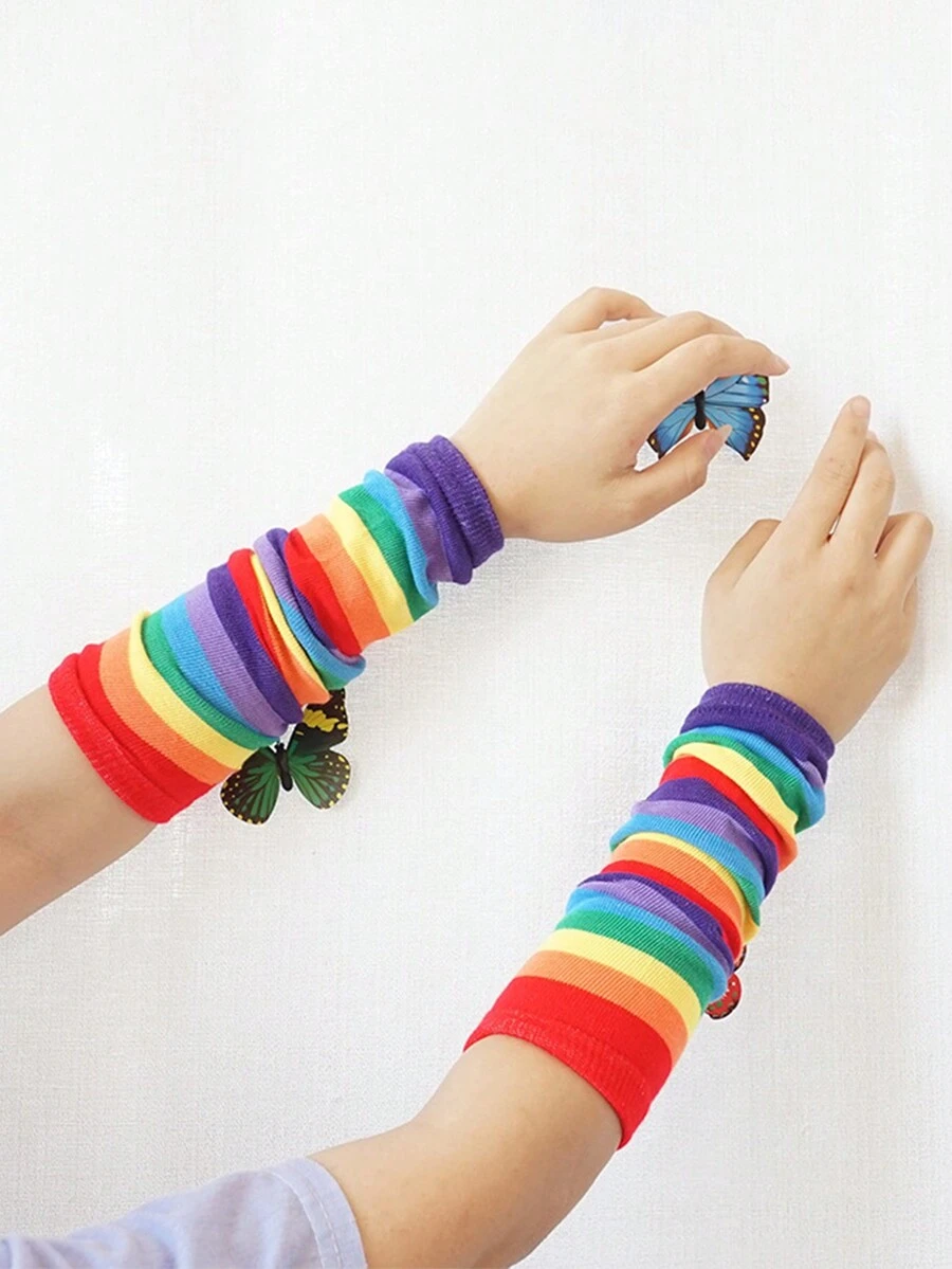 一雙彩虹色防曬臂套個性時尚針織無指手套休閒長袖適用於男女 - 彩虹 - 查看 1