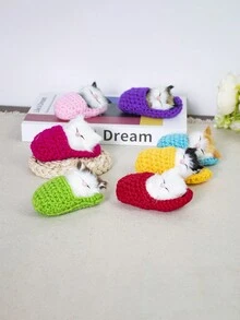 1pc Cute Sleeping Cat Press And Call Slippers Cat Plush Bag Pendant, Imitation Animal Gift, Crochet Plush Ornament - Pink - View 6