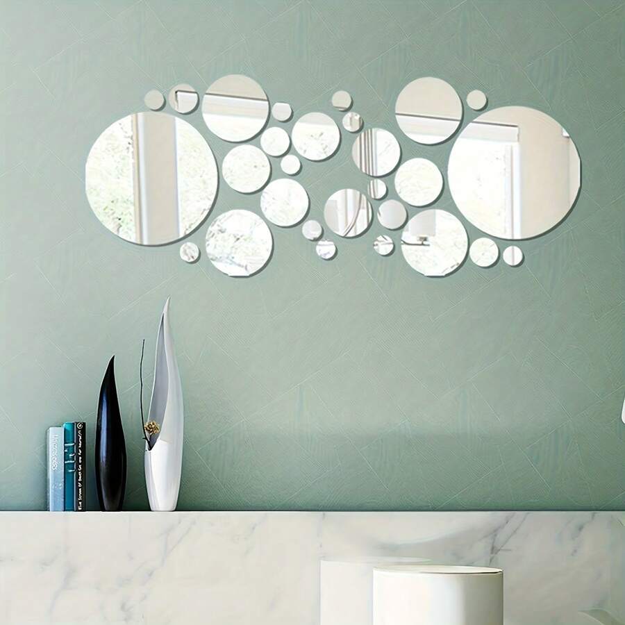 28张圆形镜子墙贴亚克力镜面墙贴自粘镜面贴客厅沙发背景墙浴室家居装饰厕所贴纸 - 銀色 - 查看 1