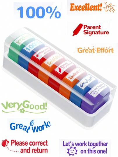 8pcs/Set Teacher Stamps With Automatic Ink Release & Personalized Fun Design, Suitable For Graded Offices, Ideal For Classroom & Homework Rewards, With Included Storage Tray & Colored Ink Pad 1pc,Back To School,School Supplies