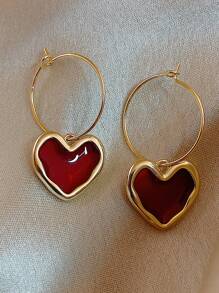 1 Pair Retro Elegant Alloy Burgundy Heart Rhinestone Decorated Women Earrings, Valentine's Or New Year Gift Valentines