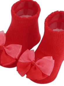 1 Pair Infant Polka Dot Striped Socks With Bowknot & Flower Decor, Suitable For Toddler Girls And Boys - Red - View 4