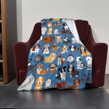 1入組卡通動物圖案珊瑚絨毯,彩虹或黑膠唱片圖案,適用於春秋露營和家居裝飾 - 藍色 - 查看 1