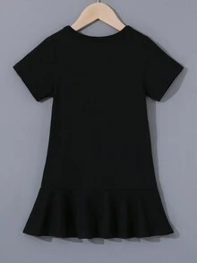 Young Girl Casual Heart Print Mid-Length Summer Dress, Short Sleeve - Black - View 4