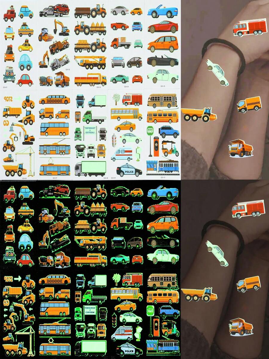 10sheets Engineering Vehicle Style Glow-In-The-Dark Temporary Tattoo Sticker With Cartoon Engineering Vehicle Pattern, Long Lasting And Waterproof, Perfect For Festival Party Makeup, Party Gift - Multicolor - View 1