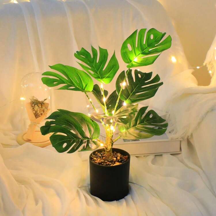 1入組led模擬植物夜燈,創意禮物,裝飾盆栽植物,室內景觀燈,浪漫樹枝裝飾,人造樹形燈 - 龜背竹 - 查看 1