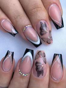 24入組中長款芭蕾蝴蝶可穿戴美甲、法式美甲貼、鑲鑽裝飾假指甲,黑色和白色拼接風格,適合女性和女孩子。 - 黑與白 - 查看 1