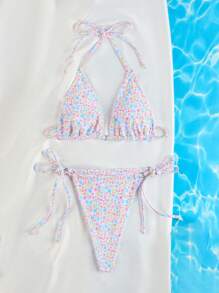2pcs Ditsy Floral Triangle Bikini Set For Beach Vacation, Including Print Tie Bra And Swim Briefs Summer - Multicolor - View 3
