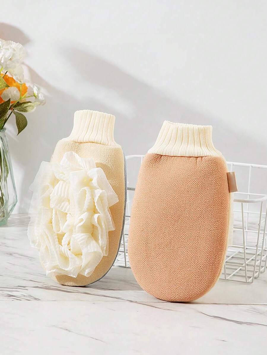 1件雙面去角質沐浴毛巾加沐浴球,家庭清洗工具,能產生泡沫和去角質 - 彩色 - 查看 1