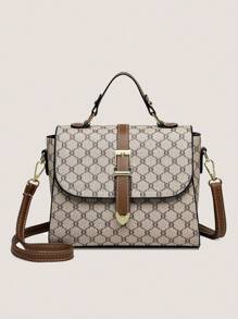 時尚圖案大容量手提包，老錢風格時尚女包 - 灰色 - 查看 3