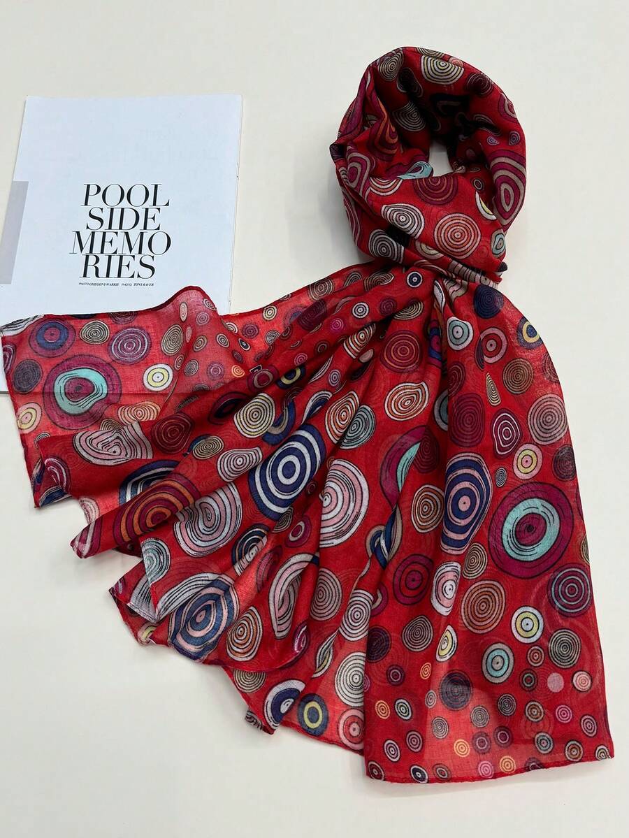 1條女士簡約花卉印花絲巾,適用於春夏季節,可作頭帶、口罩、防曬、披肩使用 - 紅色 - 查看 1