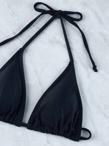2pcs Black Bikini Set With Necktie Halter Triangle Bra And Bikini Bottom Summer - Black - View 2