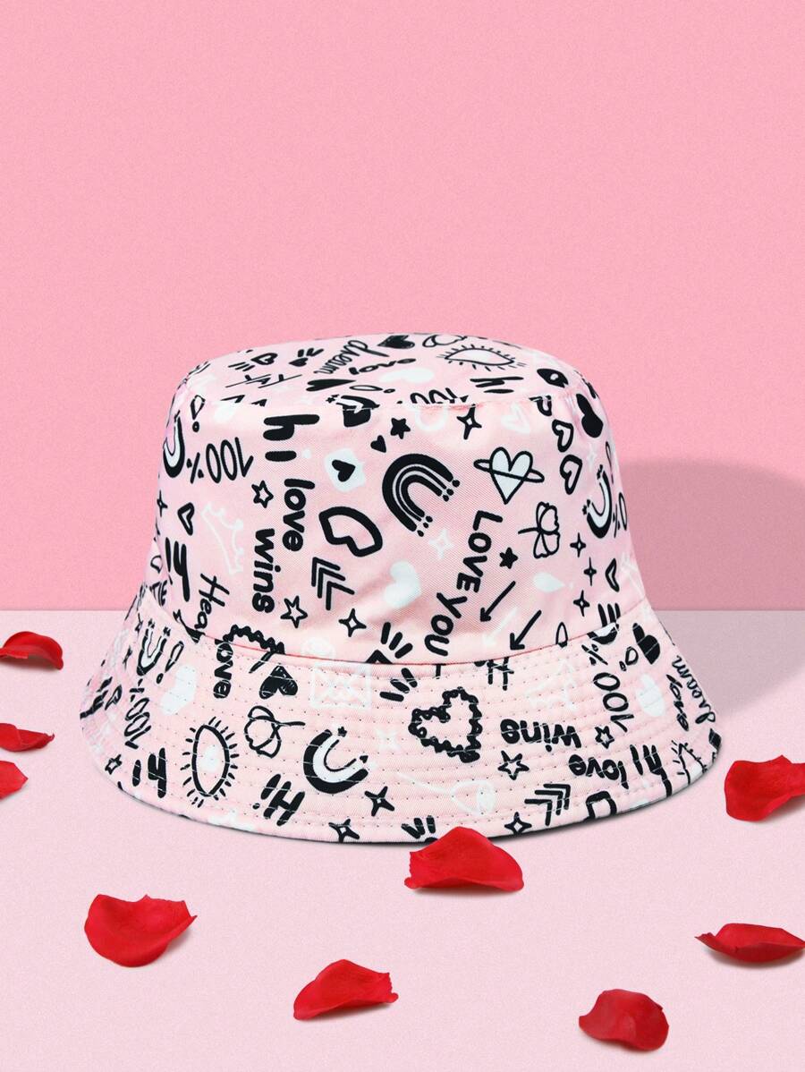 1入女士雙面聯字嘴唇心形圖案漁夫帽，適用於日常或情人節使用 - 粉色 - 查看 1