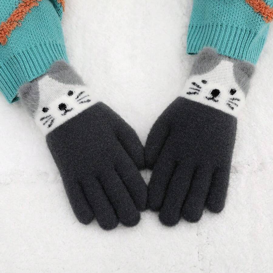 冬季兒童雙層加厚保暖針織手套,帶有分離手指和可愛卡通貓設計,韓國風格 - 深灰色 - 查看 1