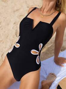 Bikinx 女士花瓣形镂空腰部镂空肩带连体泳衣夏季 - 黑色 - 查看 4