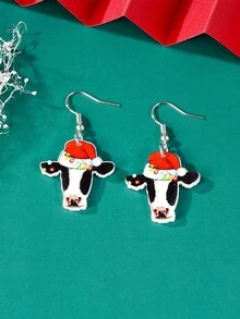 一對可愛卡通聖誕動物貓小狗火烈鳥牛吊墜耳環聖誕新年聚會聚會親友約會節日禮物耳環耳環 - 火烈鳥 - 查看 9
