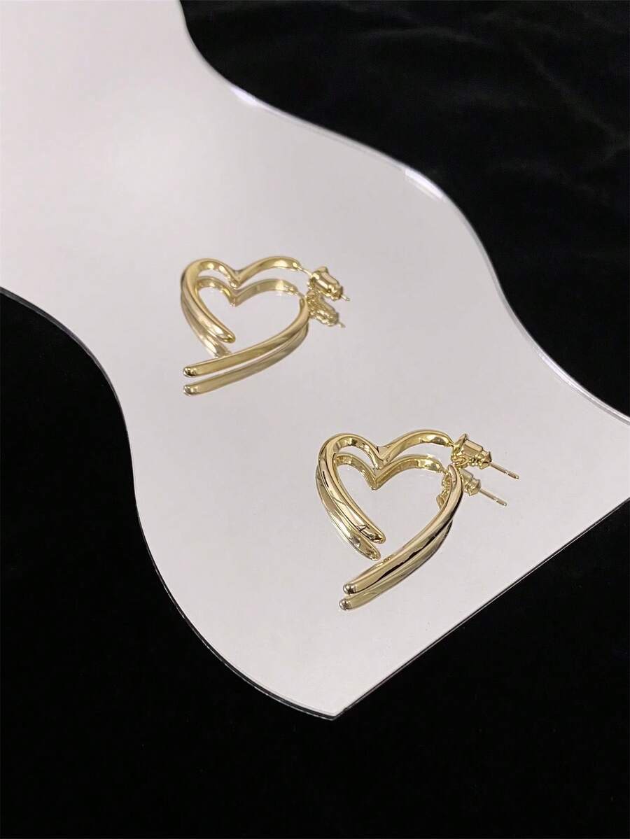 1對黃銅金色十字心臟設計耳環,優雅時尚,情人節理想禮物 - 金黃色 - 查看 1