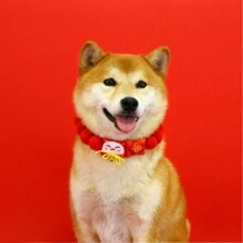 1pc Plush Lucky Cat & Dog Shaped Pet Collar With Cute Cartoon Pattern, Perfect For New Year & Spring Festival Dress Up - Red - View 1