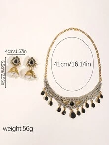 3入組夸張的復古波西米亞宮廷風格,全鑲鑽珍珠串流蕩耳環項鍊套裝 - 黑色 - 查看 3