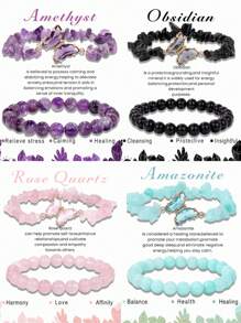 2入組卡片手鍊套裝,天然石蝴蝶吊墜水晶手鍊,為女性能量療癒石頭手鍊,為男性珠寶心願卡 - 彩色 - 查看 7