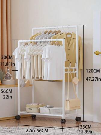 1pc Wide & Sturdy Garment & Hat Rack With Wheels, Multiple Function Storage Shelf For Bags, Closet Organizer; Material: 16mm Steel Tube + Plastic Accessories