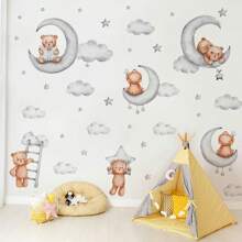卡通熊月亮云墙贴，贴纸，墙贴花，乙烯基贴花用于家居装饰，春季装饰品让您的家焕然一新，节日装饰贴纸礼物生日毕业 - 彩色 - 查看 4